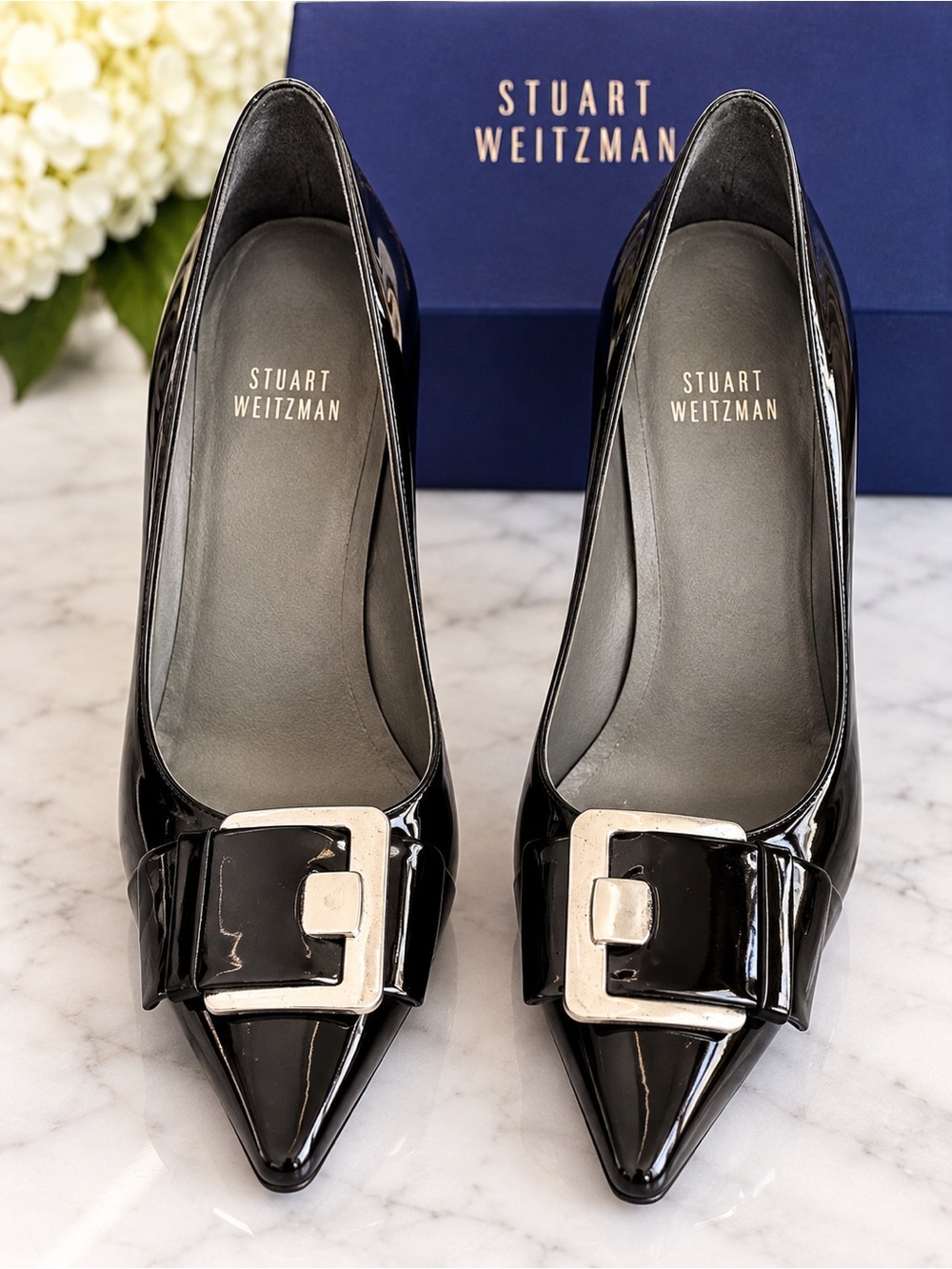 Stuart Weitzman Black Patent Pointed-Toe Pumps with Silver Buckles